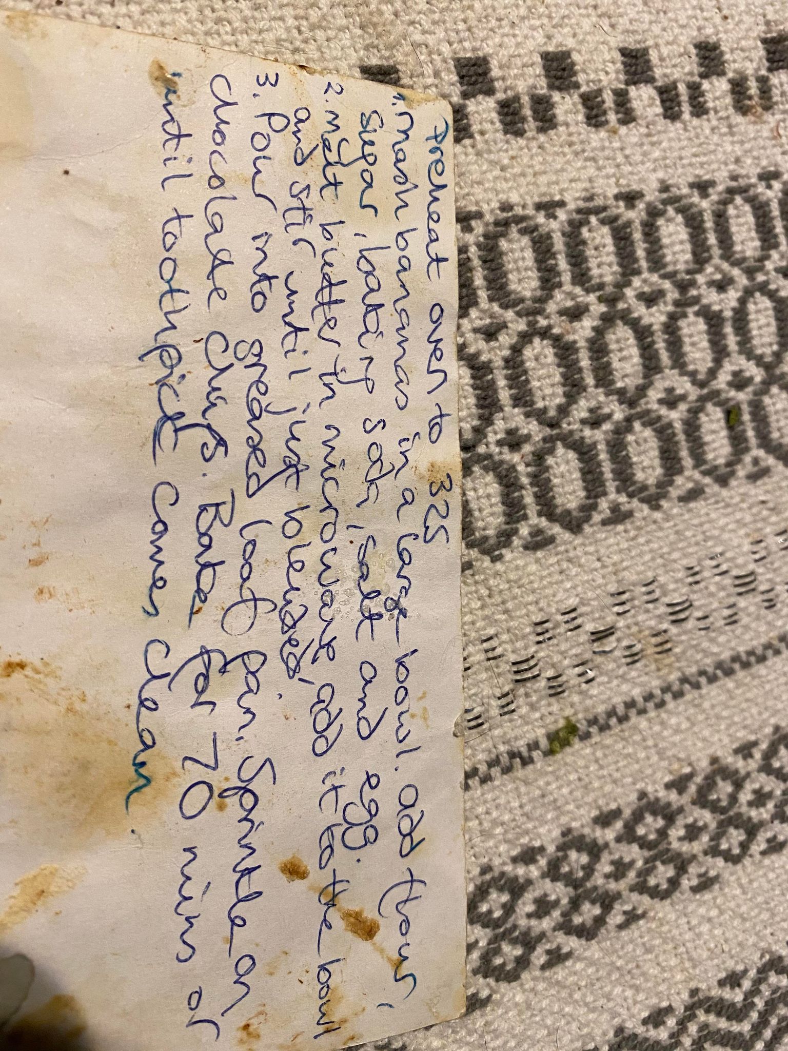 Notecard containing the original directions for the following banana bread recipe